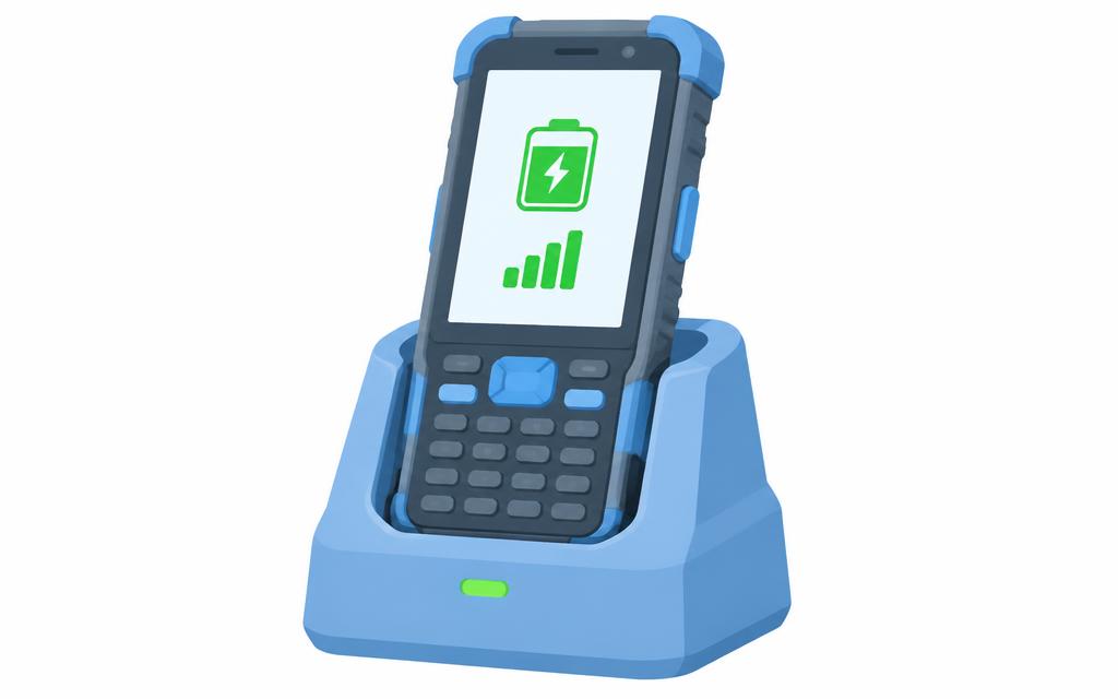 Mobile sur son socle avec icônes de charge et de signal